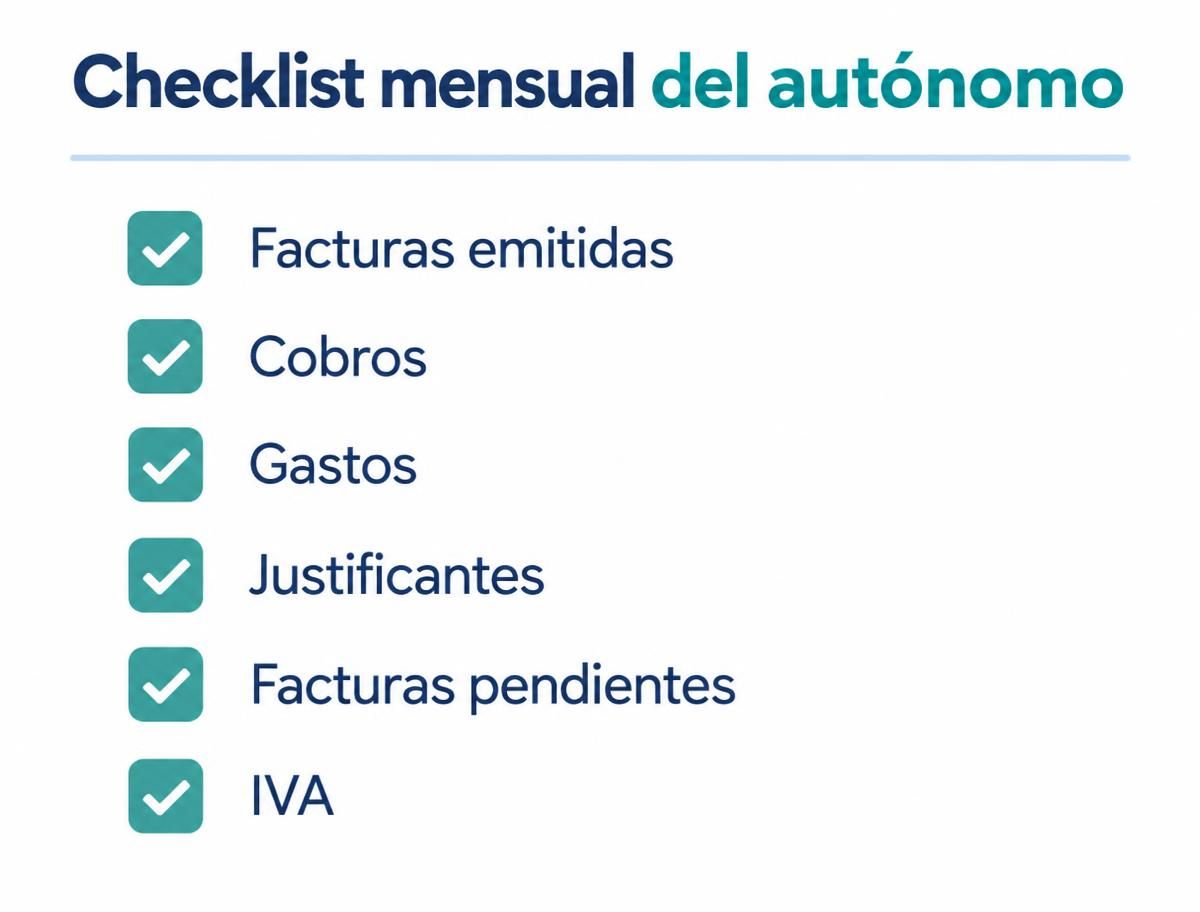 Checklist mensual del autónomo: facturas emitidas, cobros, gastos, justificantes, facturas pendientes e IVA