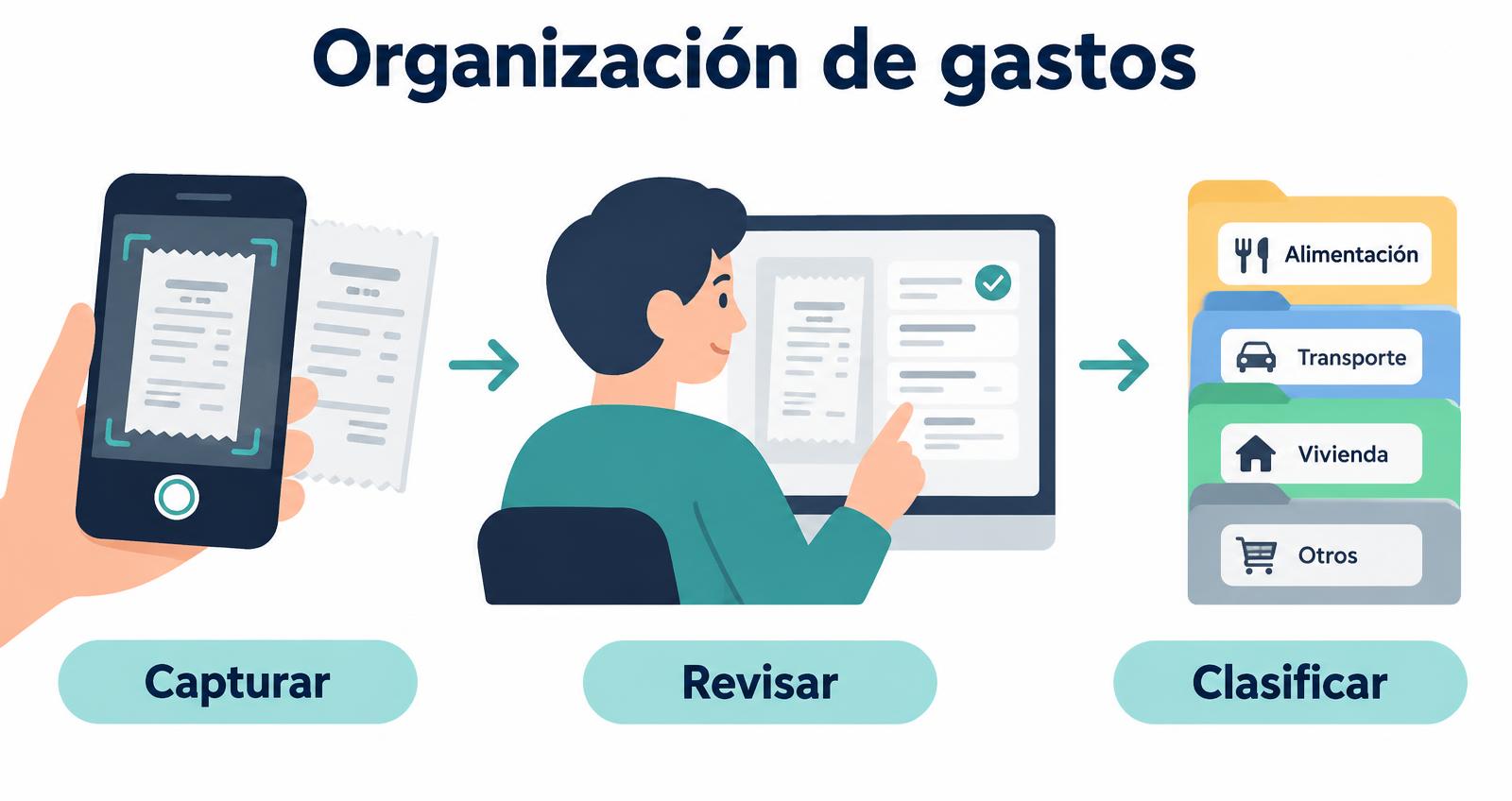 Ilustración: organización de gastos en tres pasos — capturar el justificante, revisar los datos y clasificarlo