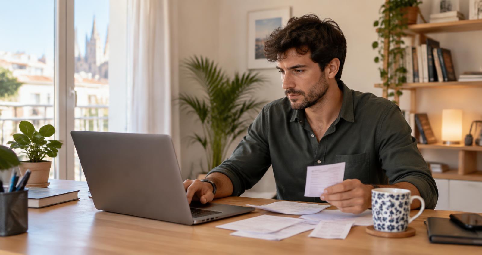 Autónomo revisando facturas y gestión administrativa en un ordenador portátil.