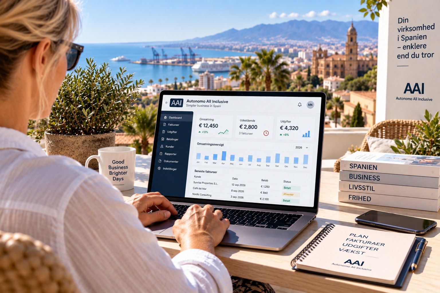 Dansk selvstændig på Costa del Sol arbejder med Autonomo All Inclusive på en laptop