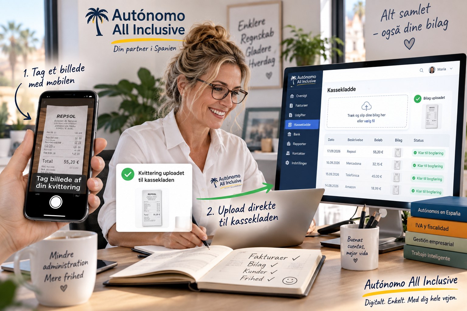Autónomo tager et billede af en kvittering med mobilen og uploader bilaget direkte til kassekladden i Autónomo All Inclusive